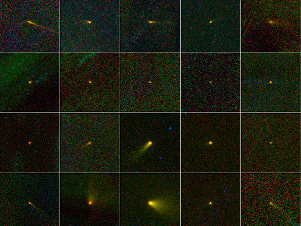 Кометы, обнаруженные в рамках проекта NEOWISE. Инфракрасное излучение на длине волны в 4,6 мкм обозначено синим, 12 мкм &mdash; зелёным, 22 мкм &mdash; красным. (Иллюстрация НАСА / JPL-Caltech / UCLA.)